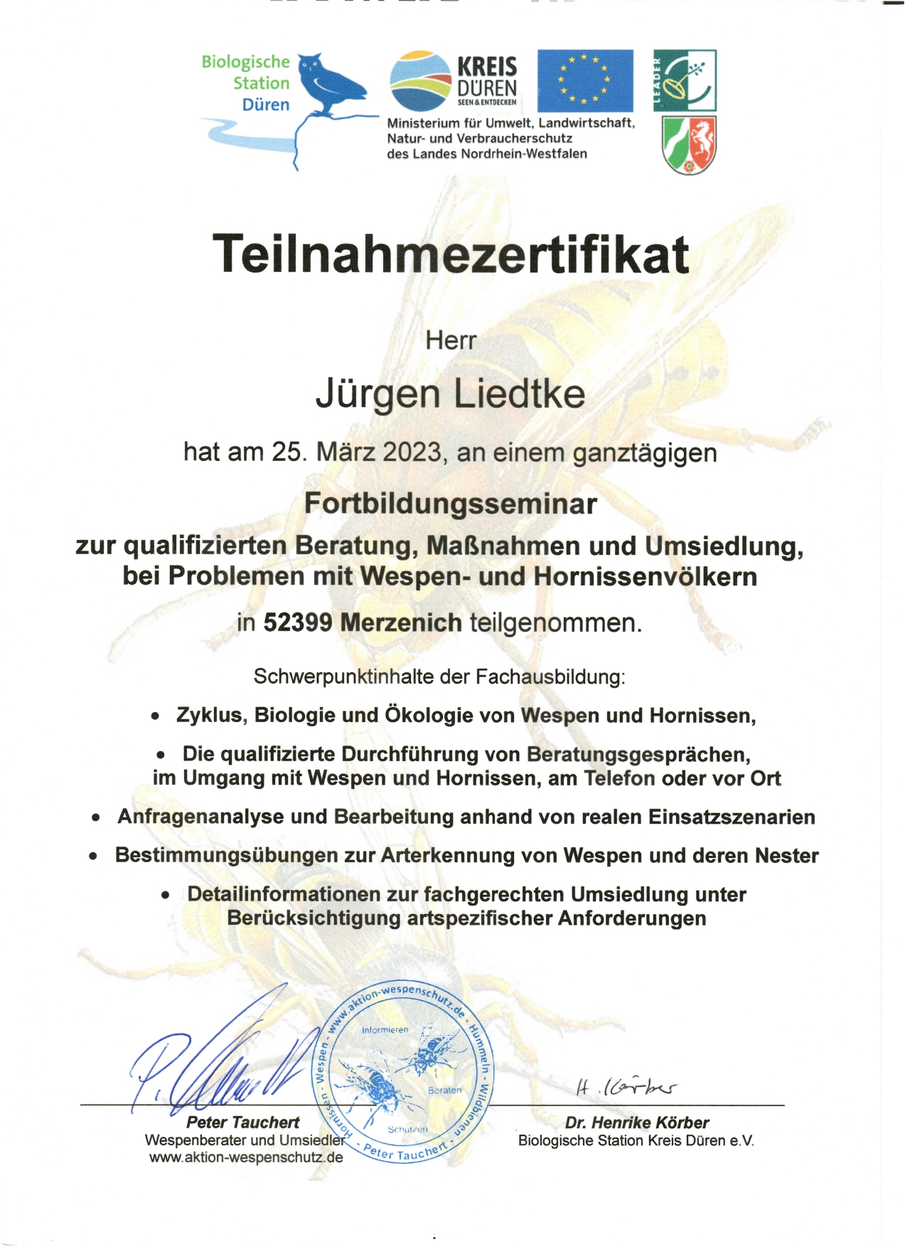 Zertifikat Wespenberater Jürgen